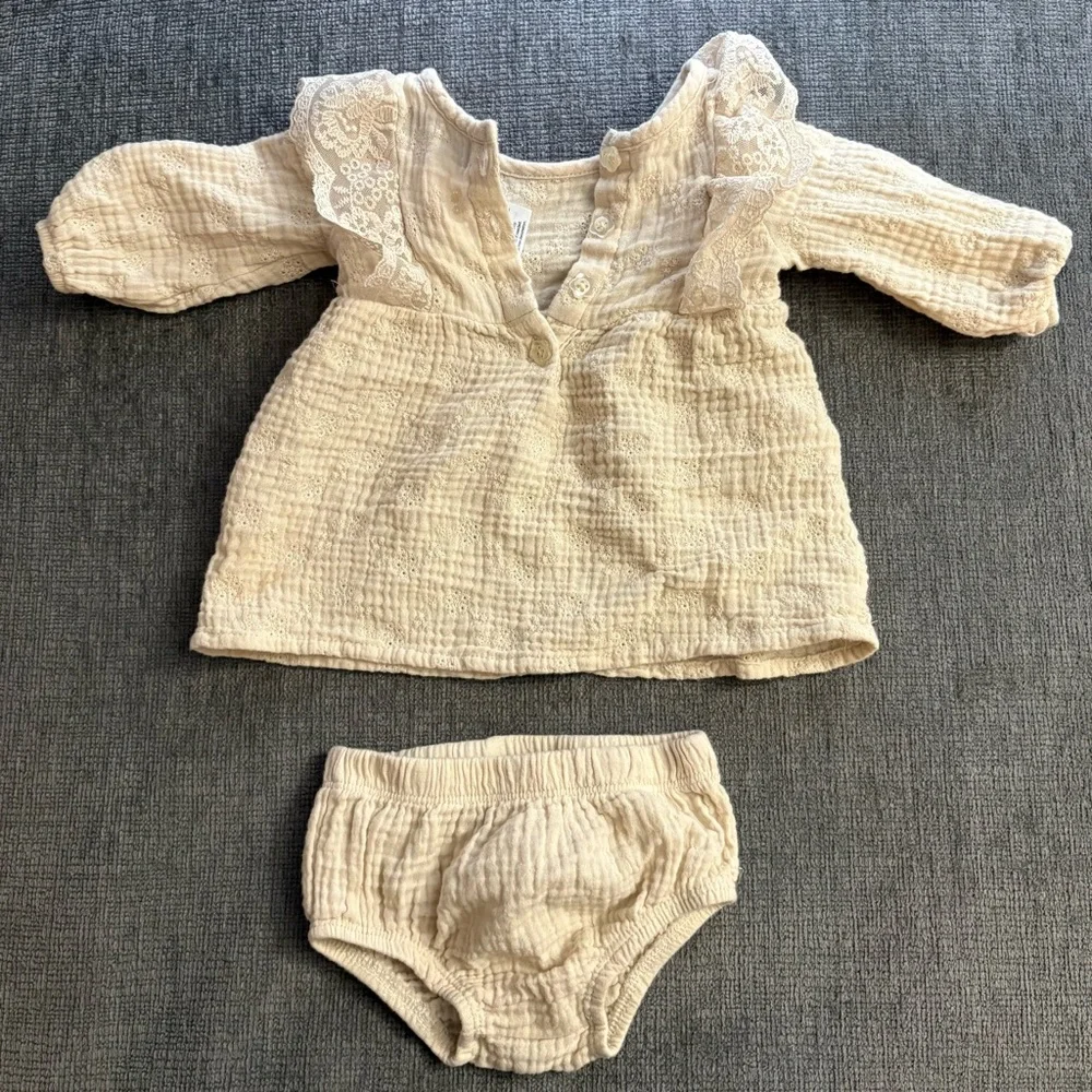 Cream Baby Dress and Bloomers Set